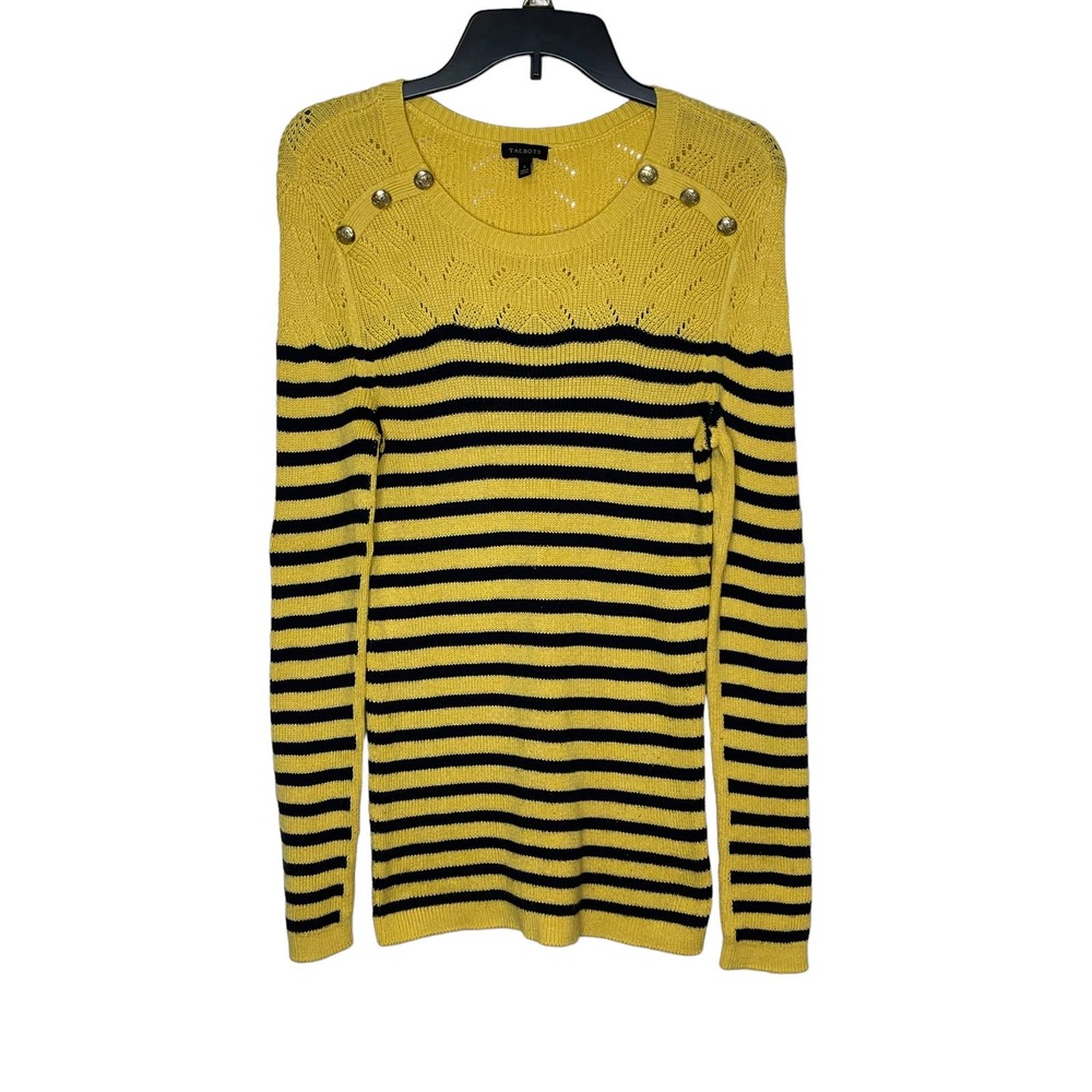 Talbots Women's Sweater Woven Pointelle Knit Gold Button Shoulder Top Size Small